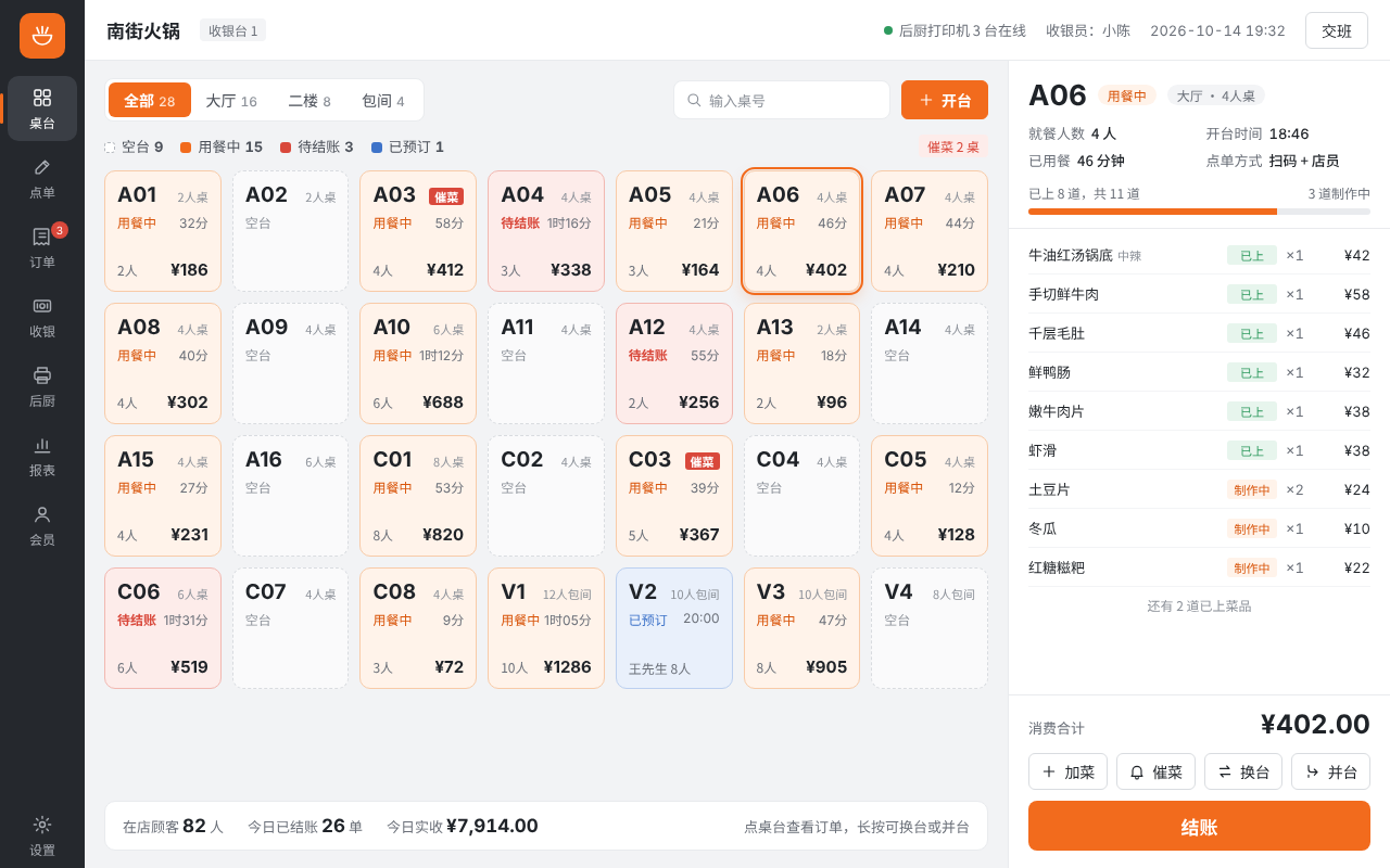 收银台桌台页面：显示空台、用餐中、待结账的桌台和选中桌台的菜品